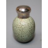 Saunders and Shepherd, a silver mounted egg shape porcelain scent bottle with speckled decoration on