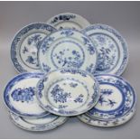 A collection of 18th century Chinese blue and white circular, porcelain desert plates and dishes.(9)