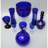A collection of "Bristol" blue glass including a large mirrored blue glass Christmas tree