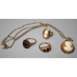 a 9ct cameo ring and 9ct cameo pendant on gilt metal chain together with a 9ct garnet cluster ring