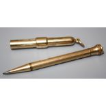 A 9ct gold telescopic pencil, rounded cylindrical with suspensory loop by Samson Morden. Together