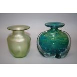 A Loetz type verdescent glass dimpled vase together with a Mdina organic form vase. 12 and 13 cms.
