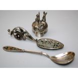 A probably Norwegian silver and plique a jour cabinet spoon marked 925. Together with a white