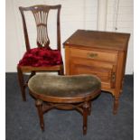 A teak bedside cupboard, a kidney shape dressing stool and a single Geo.III mahogany dining chair.