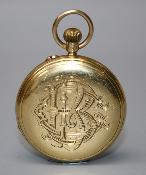 An 18ct gold hunting cased pocket watch, white enamel dial, subsidiary seconds at six o'clock, three