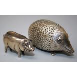 An unusual, early 20th century silver novelty hedgehog pin cushion. The beast with perforated