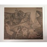 After Pablo Picasso, Bacchanal with Pair of Lovers and Owl, 1962, Linocut, 27cm by 32.5cm.
