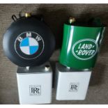 Petrol cans branded Landrover and BMW. Along with 2 Rolls Royce Motor Oil lidded containers in the