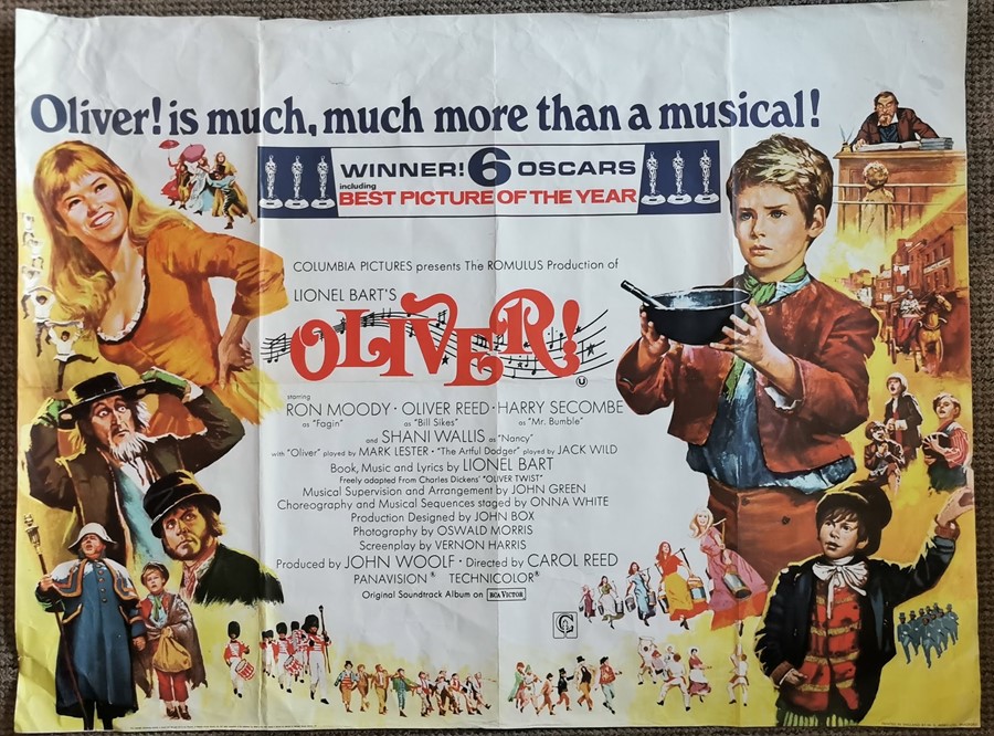 Movie poster for Oliver. Winner 6 Oscars version. Printed in England by W.E.Berry Ltd, Bradford.