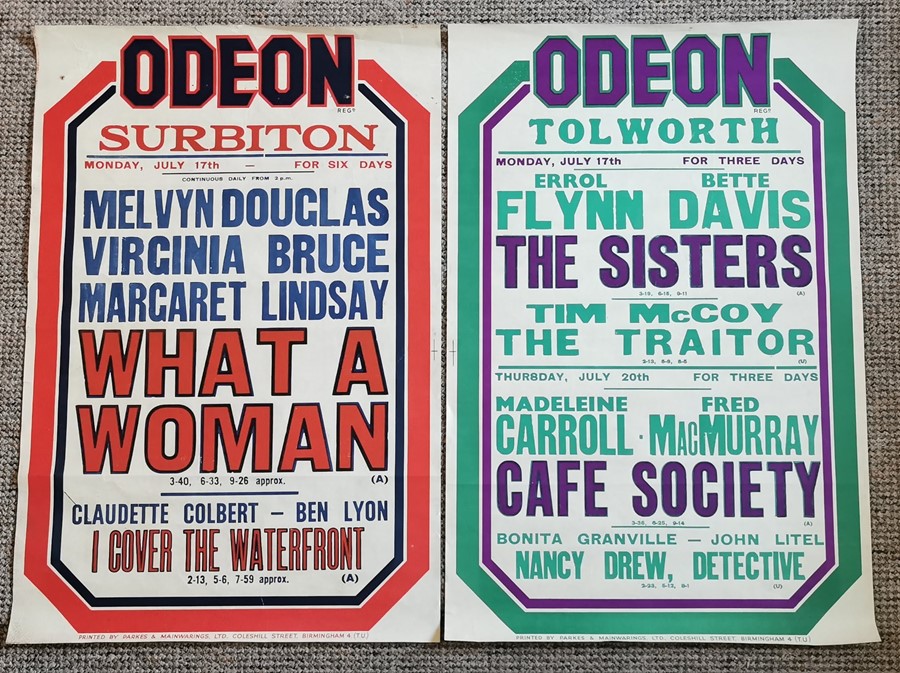 2 Cinema posters circa 1938/39. Both printed by Parkes & Mainwarings ltd, Coleshill St,