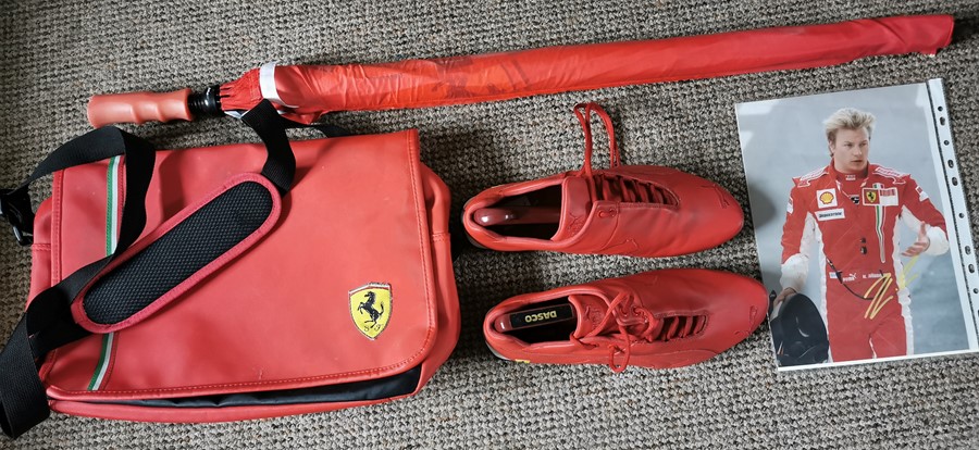 Formula 1 Ferrari interest. Signed A4 Raikkonen picture, with Puma Ferrari racing shoes, Ferrari bag - Image 2 of 11