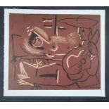 After Pablo Picasso, Reclining Woman and Guitar Playing Picador, 1962, Linocut, 27cm by 32.5cm.