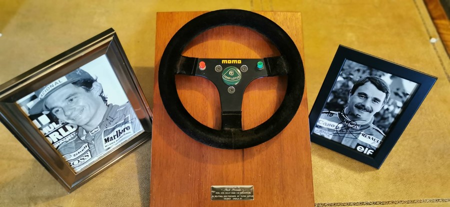 Formula 1 Interest. Ayrton Senna steering wheel. Imola. 1987 season. Presentation mounted awarded to