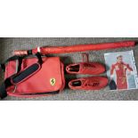 Formula 1 Ferrari interest. Signed A4 Raikkonen picture, with Puma Ferrari racing shoes, Ferrari bag