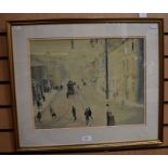 John Thompson, Manchester Road, Burnley, (1924-2011), watercolour depicting figures walking across