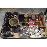 A collection of pewter tankards, Victorian pewter, urn, candlesticks, condiment table sets