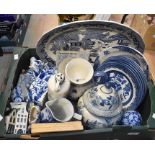 A collection of Willow pattern blue and whit, blue and white cabinet plates, Delft items, jugs and