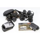 A collection of camera related items including Konica Autoflex 73, with case and booklet, a GT22