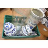 Two boxes of blue and white 20th Century Willow storage jars, glass vase, etc