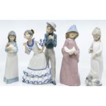 Four Nao figures, three of young girls and one of Spanish girl and boy