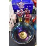 Five studio glass coloured vases, along with large coloured glass fruit bowl