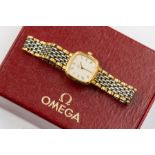Omega- a ladies Omega Deville bi metal wrist watch, the cushion shaped cream textured dial approx