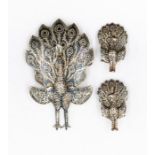 A sterling silver peacock brooch, earring set, made in Thailand, the peacock measuring approx 65mm