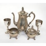 A plated three piece coffee service and two goblets (5)