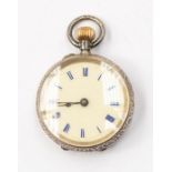 An early 20th Century ladies silver pocket watch, round enamel dial, blue Roman numerals with gilt