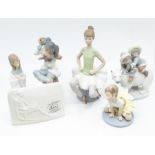 Six Lladro figures, five of children and one plaque