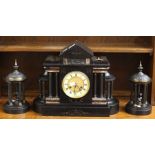 A late 19th Century J Unghans black and marble garniture clock set, comprising eight day mantle