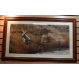 Steve McLoughlin, Lion Chasing Zebra, watercolour, signed to lower right, 88.5cms wide, 44cms high