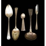 A collection of silver spoons, comprising a pair of Georgian table spoons, hallmarked for London,