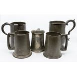 Five pewter tankards, circa 19th and 20th Century, one Kano Low Handicap, 1931 Trophy tankard