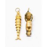 A 9ct gold fish charm, and a yellow metal Fumsup teddy charm, total gross weight approx 2.98g