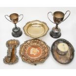 A collection of old Sheffield plated items, including an early 19th Century card tray, a salver,