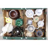 Two boxes of early to mid 20th Century teapots including Spanish and Chinese examples, blue and