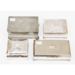 A collection of cigarette boxes comprising one in silver, AF, a white metal Chinese version, a