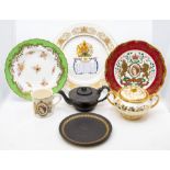 A collection of ceramics to include; a Regency black basalt teapot, serpent handle and spout, with