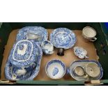 Two early 19th Century blue and white pickle dishes, along with blue and white Copeland Spode