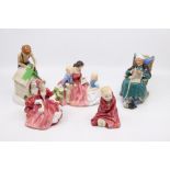 Five Royal Doulton figures including Lydia, Childhood Days, Twilight, This Little Pug, Bedtime