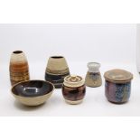 Six studio pottery items, table ware pots, vases and bowl