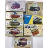 A collection of Corgi model buses, eight in total