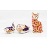 Three Royal Crown Derby paperweights to include cat, two birds, with gold stoppers