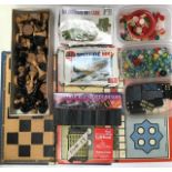 Assorted vintage games, two Airfix kits, marbles, chess set, plastic soldiers & animals, Tony AFX