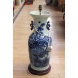 A large blue and white Chinese vase, with peacock decoration, converted to a lamp, with stand, ht