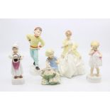 A collection of five Royal Worcester figures including First Dance, Pilly Put the Kettle on, Only