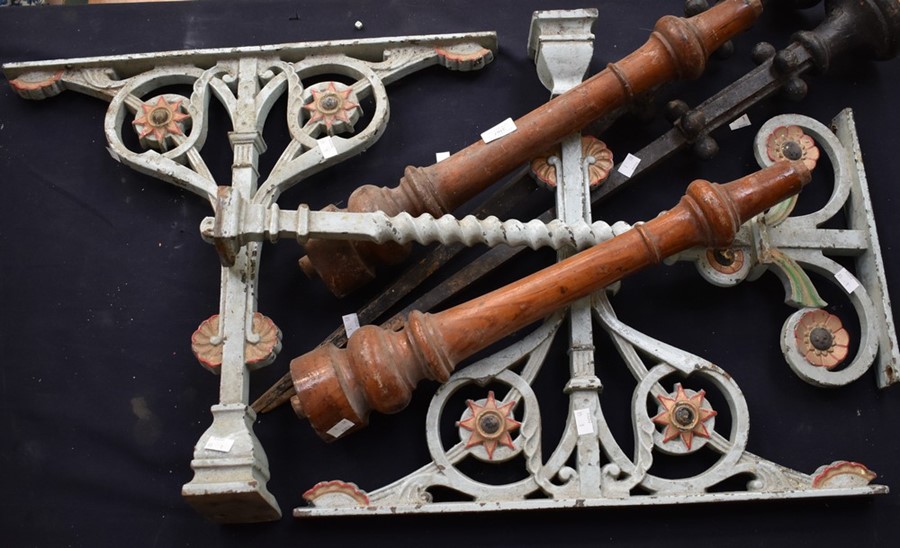 A collection of items from a Methodist Chapel: 3 ornate metal supports, 2 wooden turned supports and