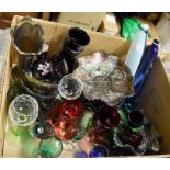 A collection of carnival glass studio coloured including vases, dishes etc, along with two Victorian