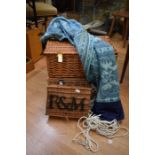 3 wicker baskets including 1 from Fortnum and Mason and a contemporary fabric hammock (unused)